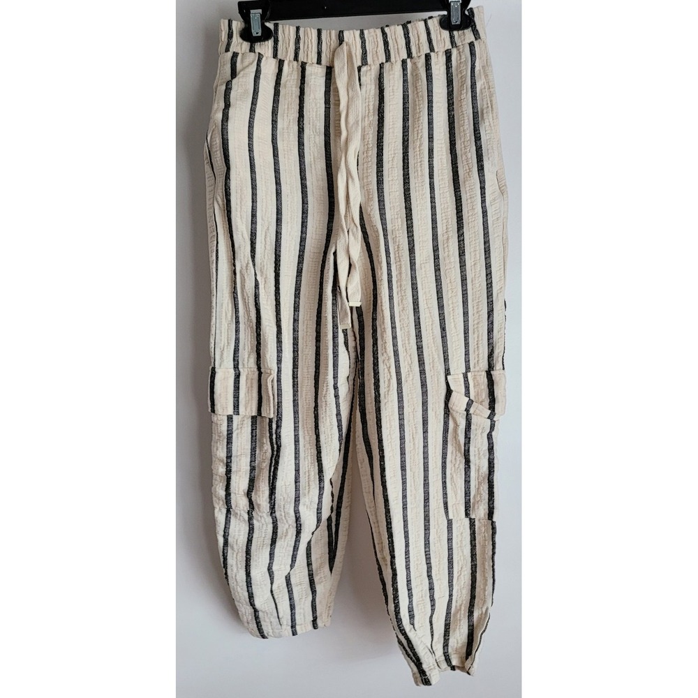 Zara Cargo Pants XS Striped Off-White Black Cotton Casual Streetwear Trousers